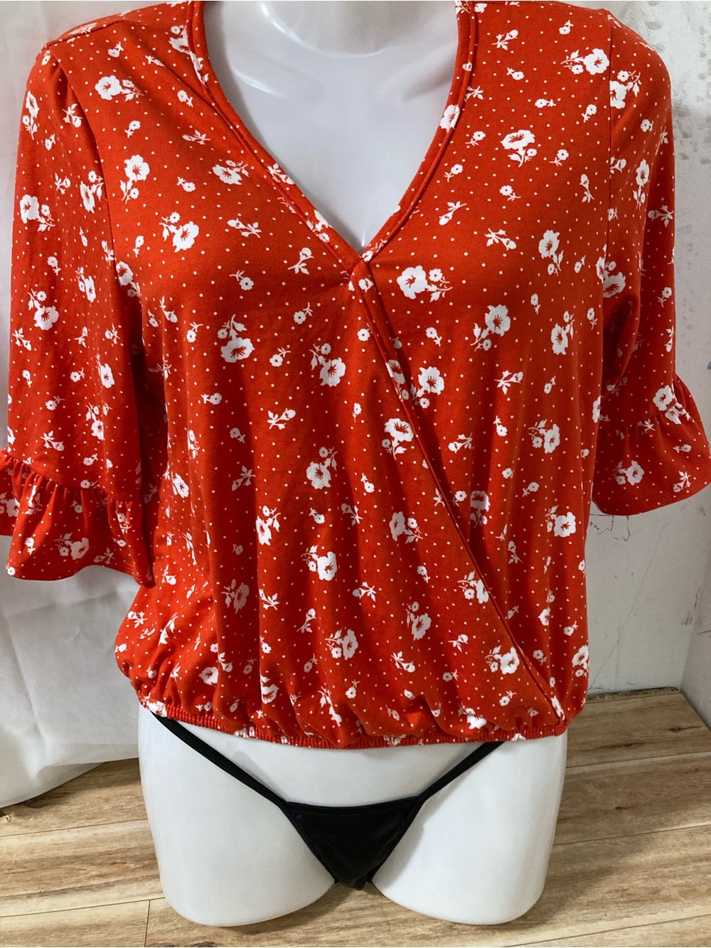 Streetwear Society Red Floral Faux Wrap Peplum Blouse M
